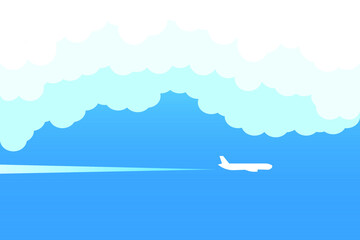 Airplane flying above clouds. Jet plane with exhaust white trail. Blue gradient and white plane silhouette. White and transparent clouds on the blue sky.
