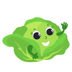Funny cabbage with face, eyes, hands is happy and smiling. Cartoon style character design for icons or baby products or kitchen design.