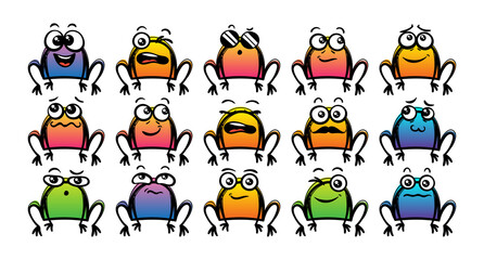 Obraz premium Various Cartoon Toads Set. Doodle faces, eyes and mouth. Caricature comic expressive emotions, smiling, crying and surprised character face expressions