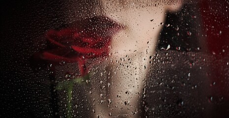 Red rose and lips with red lipstick. Glass with drops of water. Love and separation. Longing for a...