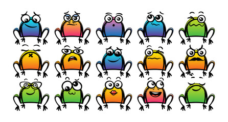 Various Cartoon Toads Set. Doodle faces, eyes and mouth. Caricature comic expressive emotions, smiling, crying and surprised character face expressions