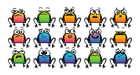 Various Cartoon Toads Set. Doodle faces, eyes and mouth. Caricature comic expressive emotions, smiling, crying and surprised character face expressions
