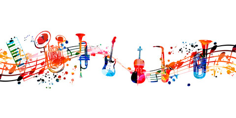Colorful musical instruments bundle with musical notes isolated vector illustration. Instruments collection poster for live concert events, music festivals and shows, performances, party flyer	