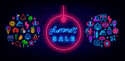 Summer sale neon signs collection. Circle layout templates with holiday icons. Vector stock illustration © Anastasia Gapeeva