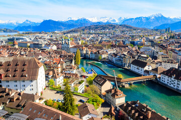 View of the Reuss river and old town of Lucerne (Luzern) city, Switzerland. View from above