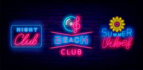 Summer neon signs collection. Night club and Beach club. Summer vibes with sun. Vector stock illustration