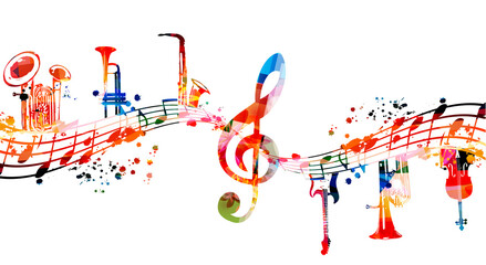  Colorful musical instruments bundle with musical notes and clef isolated vector illustration. Instruments collection poster for live concert events, music festivals, shows, performances, party flyer	