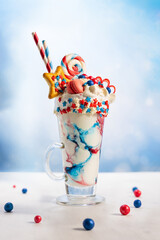 Naklejka premium Crazy milk shake with ice cream,whipped cream, marshmallow,cookies and colored candy in glass. Sweet dessert for Fourth of July. Idea milkshake for Patriotic day.