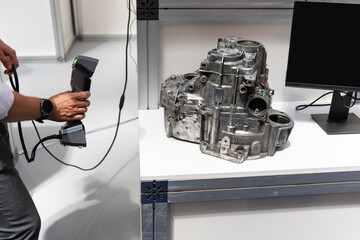 Engineer scans the detail with 3D scanner for reverse engineering - obrazy, fototapety, plakaty