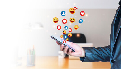 Customer satisfaction and feelings after receiving the service. Customers are happy. Businessman cheking feedback. love, happiness, like, smile, laugh. On the smartphone screen, satisfied service.