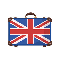 Travel suitcase with the flag of great britain in flay style. Isolated on a white background. Vector image