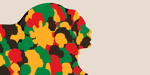 Silhouette profile ethnic group of black African and African American men and women. Diversity multi-ethnic and multiracial people. Identity concept - racial equality and justice. Banner copy space