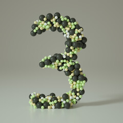 number three, consisting of balls, on a white background 3d render