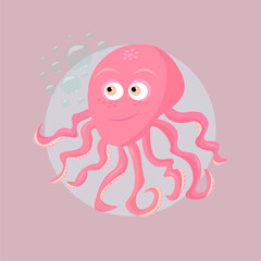 Sea creature vector illustration. Cute octopus in flat style, octopus isolated, marine, ocean, underwater animal world, aquatic, happy animal with tentacles, water bubbles. Octopus icon isolated