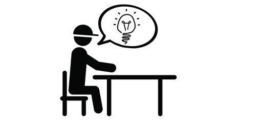 Cartoon stickman, stick figure. People on  table thinks and gets an idea to success. School or kitchen table. Comic brain electric lamp. Brilliant lightbulb ideas.