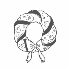 Christmas wreath. Vector illustration. Sketch. Outline on an isolated background. Doodle style. Coloring book for children. Christmas. New Year. Festive print. Traditional decoration. Magic.