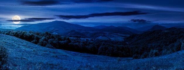 carpathian countryside in september at night. beautiful mountain landscape with grassy field on rolling hill in full moon light. rural scenery with village in the distant valley. clouds on dark sky
