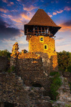 tower of the nevytske castle. ruins of ancient fortress in evening light. popular travel destination of ukraine