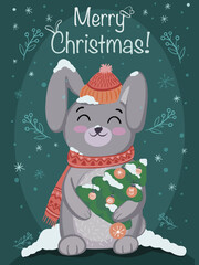 Cute Christmas bunny with a Christmas tree. Hand drawn vector baby hare in knitting scarf, hat, with snowy Christmas tree. Design for winter holidays, greeting cards, backgrounds, wallpapers.