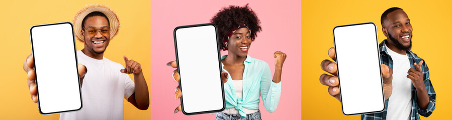 Collection of black people showing smartphones with empty screens
