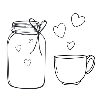 Jar and cup with facourite drink. Lovely hot drink.