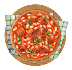 Meat meatballs in tomato sauce with beans watercolor