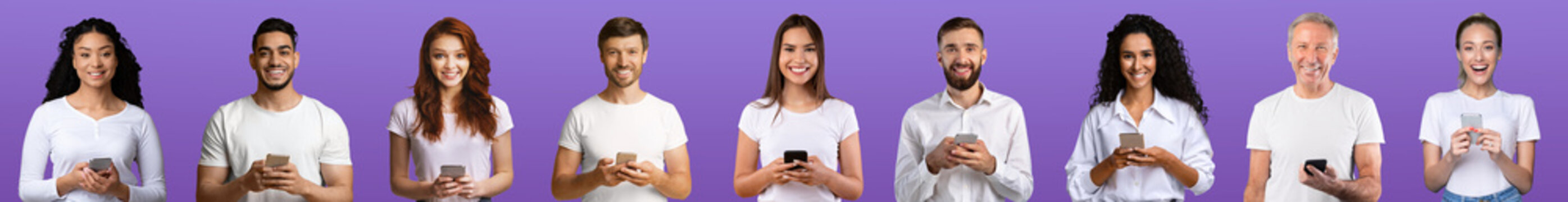 Smiling young and old european men and women in white clothes with smartphones