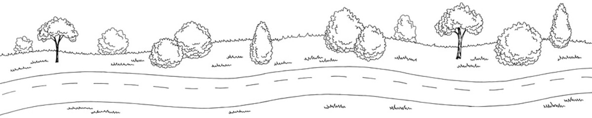 Road long graphic black white landscape sketch illustration vector - obrazy, fototapety, plakaty