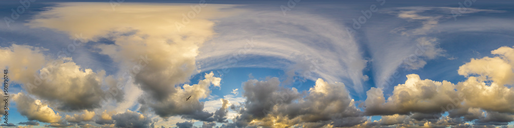 Wall mural dramatic sunset sky panorama with cumulus clouds. seamless hdr 360 pano in spherical equirectangular