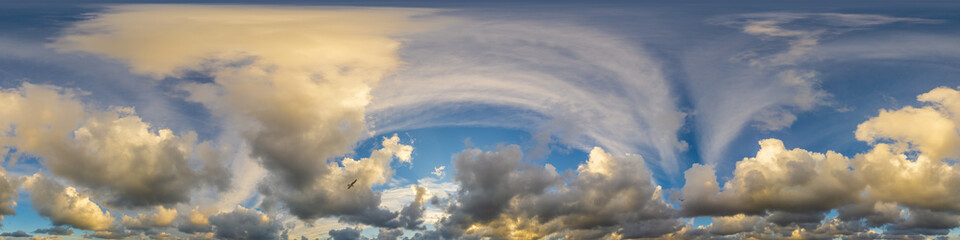Dramatic sunset sky panorama with Cumulus clouds. Seamless hdr 360 pano in spherical equirectangular format. Complete zenith for 3D visualization, game and sky replacement for aerial drone panoramas