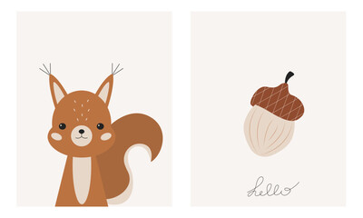 Cute cartoon squirrel and nut. Set baby posters. Wall art nursery. Funny design for textiles, postcards, baby shower. Portrait happy squirrel. Kids print animals. Scandinavian childish style. - obrazy, fototapety, plakaty