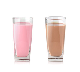 Strawberry milk glass and chocolate milk glass isolated on white background