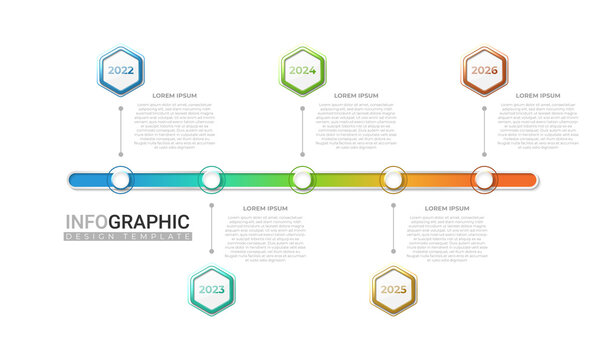 3d realistic timeline infographic in 5 steps. Modern infographic with colorful gradient hexagonal shape