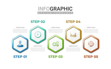 3d realistic infographic in 5 steps. Professional infographic with colorful gradient hexagonal shape. Business information steps with icon