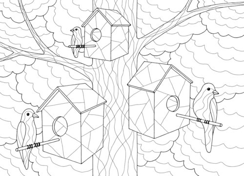 Birds coloring sitting on tree birdhouse graphic black white sketch illustration vector