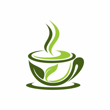 Green tea cup with leaves logo design icon