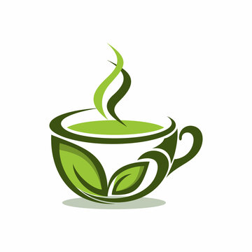 Green tea cup with leaves logo design icon