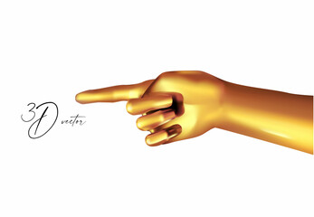 3D gold human hand gesture. Finger point. Realistic metal render.