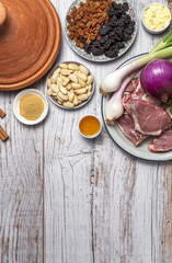 Raw ingredients and spices of traditional lamb stew or tagine