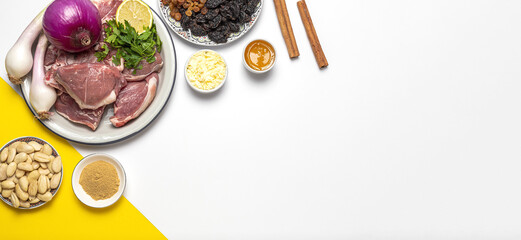 Raw ingredients and spices of traditional lamb stew or tagine