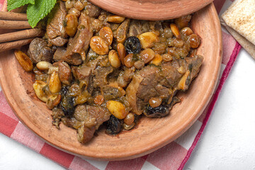 Traditional moroccan lamb meat tagine from above