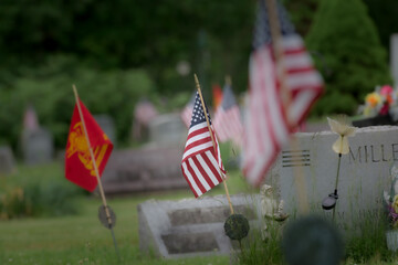 Flags placed on the Graves of Veterans at Knox Cemetery in Ouaquaga in Upstate NY.  Memorial Day Tribute with American Flags at Military Graves.