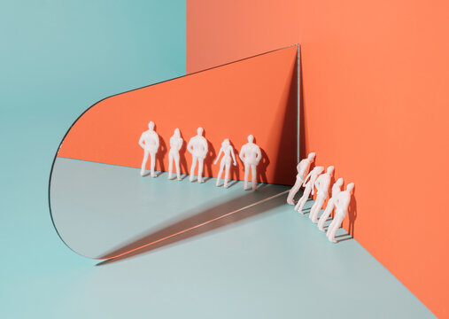 Surreal scene with human mannequins reflecting in the mirror leaning on the pastel wall. Social issues, depression minimal concept.