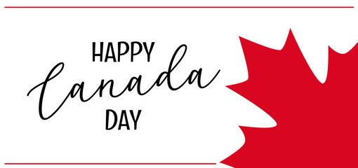 Fototapeta na wymiar Happy Canada Day greeting card, banner with text lettering. Bright red maple leaf flag icon vector illustration isolated on white background template. Minimalist design for Canadian holiday.