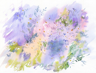 Small asters watercolor painting art. Autumn flowers.