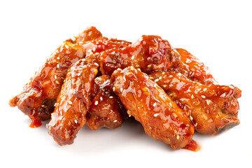 Isolated fried chicken wings with sweet sauce on white background