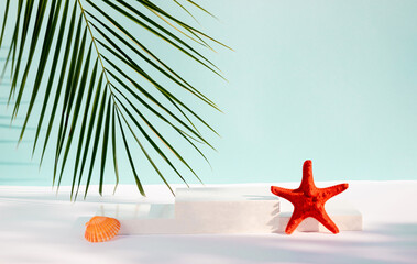 Modern product display on blue background with product podium, starfish, seashell and tropical palm...