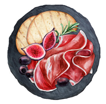 Appetizer slices of prosciutto with figs on a dark background