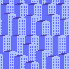 Obraz premium Blue purple apartment houses. Wallpaper. Vector seamless pattern. Property background. Modern buildings. Smart Home security. Real estate. Town. City life. Construction industry. Housing development.
