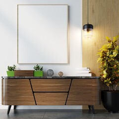 mock up poster frame in modern interior wood floor concrete wall background, Scandinavian style, Loft style, 3D render, 3D illustration